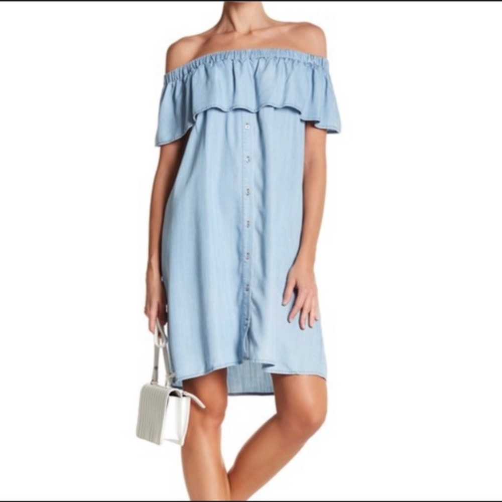 Bobeau Sz S Rosie Ruffled Popover Chambray Dress